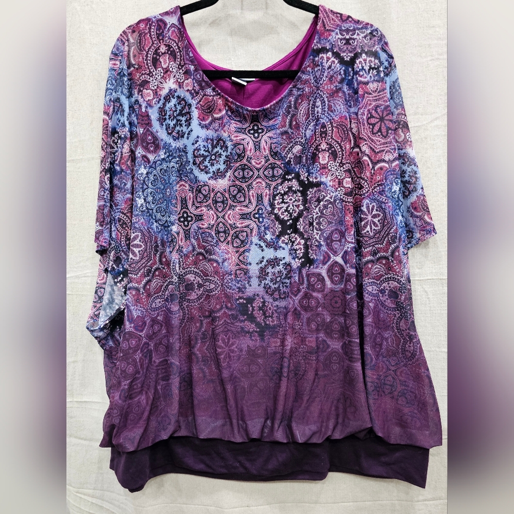Catherines Top Blouse Women’s Purple Paisley Geometric Dolman Sleeve Size 2X